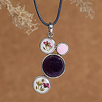 Amethyst and natural flower pendant necklace, 'Primaveral Bubbles' - Natural Amethyst and Resin-Coated Flower Pendant Necklace