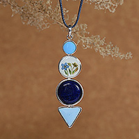 Lapis lazuli and natural flower pendant necklace, 'True Trinity' - Floral Natural Lapis Lazuli and Blue Resin Pendant Necklace