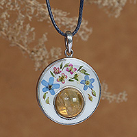 Citrine and natural flower pendant necklace, 'Eden of Joy' - Spring-Themed Resin and Natural Citrine Pendant Necklace