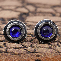 Crystal button earrings, 'Mystic Nucleus' - Round Sterling Silver Button Earrings with Blue Crystals