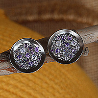 Crystal button earrings, 'Violet Twinkle' - Sterling Silver Button Earrings with Purple Crystals