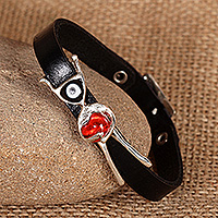 Enamel pendant bracelet, 'Guardian of the Heart' - Pomegranate-Themed Silver Enamel Leather Pendant Bracelet