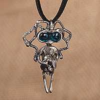 Sterling silver pendant necklace, 'Eyes of Eternity' - Bohemian Sterling Silver and Blue Enamel Pendant Necklace