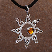 Crystal pendant necklace, 'Enchanted Sun' - Classic Crystal and Sterling Silver Sun Pendant Necklace