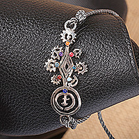 Sterling silver pendant bracelet, 'Armenian Symbolism' - Silver Enamel Pendant Bracelet with Armenian Cosmos Symbols