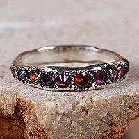 Crystal multi-stone ring, 'Circle of Vitality' - Sterling Silver Band Ring with Colorful Crystal Stones