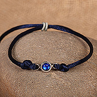 Crystal pendant bracelet, 'Lunar Shine' - Blue Crystal Cord Pendant Bracelet Handcrafted in Armenia