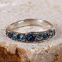 Crystal band ring, 'Blue Path' - High-Polished Blue Crystal and Sterling Silver Band Ring