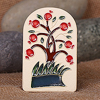 Ceramic magnet, 'Pomegranate Life' - Glazed Pomegranate Tree-Themed Ceramic Magnet from Armenia