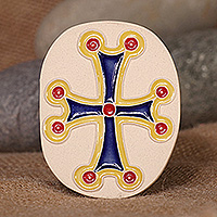 Ceramic magnet, 'Sacred Blue' - Armenian Cross-Themed Folk Art Glazed Oval Ceramic Magnet