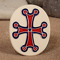 Ceramic magnet, 'Sacred Red' - Folk Art Cross-Themed Oval Ceramic Magnet in Red and Blue