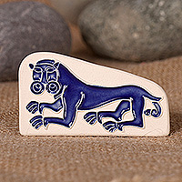 Ceramic magnet, 'Blue Valiant' - Traditional Lion of Geghard Glazed Ceramic Magnet in Blue