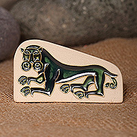 Ceramic magnet, 'Green Valiant' - Folk Art Lion of Geghard Glazed Ceramic Magnet in Green Hues