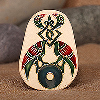 Ceramic magnet, 'Green Freedom' - Armenian Folk Art Hand-Painted Freedom Bird Ceramic Magnet