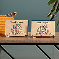 Wood decorative greeting cards, 'Owl Union' (pair) - Handcrafted Painted Romantic Owl-Themed Wood Postcard Pair