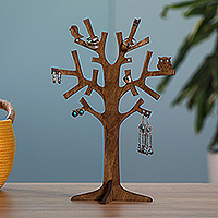 Wood jewelry stand, 'Tree of Treasure' - Hand-Carved Nature-Themed Dark Brown Wood Tree Jewelry Stand