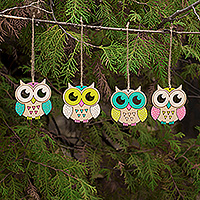 Wood ornaments, 'Wise Feathers' (set of 4) - Hand-Painted Set of 4 Owl-Shaped Multicolor Wood Ornaments