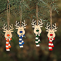 Wood ornaments, 'Joyful Antlers' (set of 4) - Assorted 4-Piece Wood Reindeer Ornament Set from Armenia