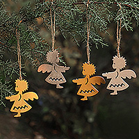 Wood ornaments, 'Angels of Heaven' (set of 4) - Golden and Silver Angel-Themed 4-Piece Wood Ornament Set