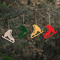 Wood ornaments, 'Holiday Glide' (set of 4) - Holiday-Themed Whimsical 4-Piece Ice Skate Wood Ornament Set