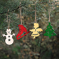 Wood ornaments, 'Spell of Christmas' (set of 4) - Handmade Assorted Christmas-Themed 4-Piece Wood Ornament Set