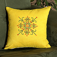 Embroidered cushion cover, 'Jonquil Custom' - Armenian-Themed Embroidered Acrylic Jonquil Cushion Cover