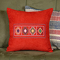 Embroidered cushion cover, 'Seasons in Red' - Cross-Patterned Embroidered Acrylic Zippered Cushion Cover