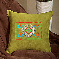 Embroidered cushion cover, 'Prosperous Heritage' - Classic Armenian Embroidered Acrylic Cushion Cover in Green