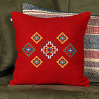 Embroidered cushion cover, 'Armenian Sky in Red' - Embroidered Star-Patterned Acrylic Cushion Cover in Red