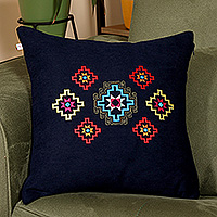 Embroidered cushion cover, 'Armenian Sky in Navy' - Armenian Star Embroidered Acrylic Cushion Cover in Navy