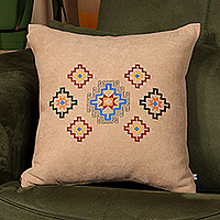 Embroidered cushion cover, 'Armenian Sky in Beige' - Artisan-Made Star Embroidered Acrylic Cushion Cover in Beige