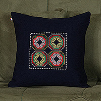 Embroidered cushion cover, 'Navy Ancestry' - Fair Trade Traditional Embroidered Acrylic Cushion Cover