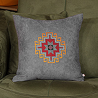 Embroidered cushion cover, 'Sacred Grey' - Cross-Themed Handmade Embroidered Grey Acrylic Cushion Cover