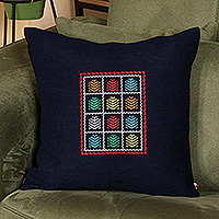 Embroidered cushion cover, 'Mosaic Forest' - Tree-Themed Embroidered Acrylic Cushion Cover in Navy Blue