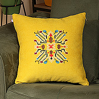 Embroidered cushion cover, 'Yellow Icon' - Marash Embroidered Yellow Cushion Cover with Acrylic Motif