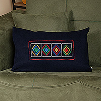 Embroidered cushion cover, 'Navy Passage' - Cross-Themed Embroidered Navy Cushion Cover Made in Armenia