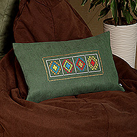 Embroidered cushion cover, 'Green Passage' - Folk Art Dark Green Cushion Cover with Embroidered Details