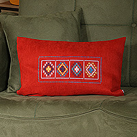 Embroidered cushion cover, 'Red Passage' - Handcrafted Classic Cross Embroidered Red Cushion Cover