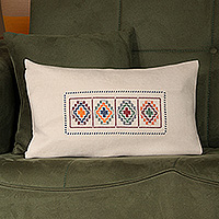 Embroidered cushion cover, 'Beige Passage' - Traditional Embroidered Beige Cushion Cover with Zipper