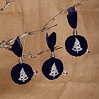 Embroidered ornaments, 'Sylvan Navy' (set of 3) - Christmas-Themed Set of Three Navy and Silver Tree Ornaments