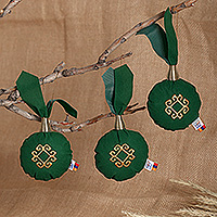 Embroidered ornaments, 'Green Celebrations' (set of 3) - Classic 3-Piece Embroidered Golden and Green Ornament Set