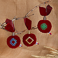 Embroidered ornaments, 'Crimson Emblems' (set of 3) - Armenian-Made 3-Piece Embroidered Crimson Red Ornament Set