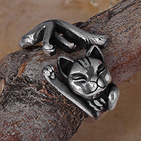 Sterling silver wrap ring, 'Feline Whisper' - Whimsical Cat-Themed Sterling Silver Wrap Ring from Armenia