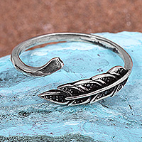 Sterling silver wrap ring, 'Whispering Leaf' - Leaf-Themed Oxidized and Polished Sterling Silver Wrap Ring