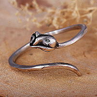 Sterling silver wrap ring, 'One Rose' - Rose-Themed Sterling Silver Wrap Ring in Oxidized Finish