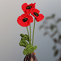 Crocheted home accents, 'Poppy Spring' (set of 3) - Floral Poppy-Themed Crocheted 3-Piece Home Accent Set in Red