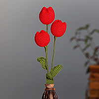 Crocheted home accents, 'Tulip Spring' (set of 3) - Crocheted 3-Piece Red Tulip Home Accent Set Made in Armenia