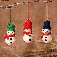 Wool felt ornaments, 'Snowman Colors' (set of 3) - Snowman-Themed Handcrafted 3-Piece Wool Felt Ornament Set