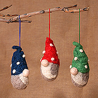 Wool felt ornaments, 'Gnome Colors' (set of 3) - Set of 3 Fantasy-Inspired Handmade Wool Felt Gnome Ornaments