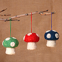 Wool felt ornaments, 'Mushroom Colors' (set of 3) - Mushroom-Shaped 3-Piece Wool Felt Ornament Set from Armenia